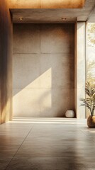 Fototapete - A spacious interior showcases a blend of concrete walls and warm wood accents. Sunlight spills in, illuminating a single plant and casting soft shadows, creating a tranquil space