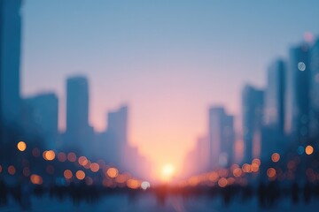 Wall Mural - capture bustling urban landscape at sunrise featuring silhouettes of people subtly blurred in backgr