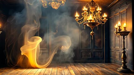 Poster - Mystical golden smoke swirls in a dimly lit room with ornate candelabra and chandelier.