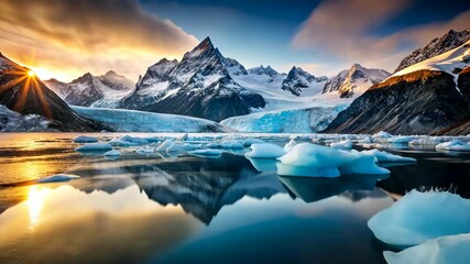 Poster - Tranquil glacial lake reflects majestic snow-capped peaks beneath a vibrant sunset sky