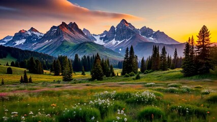 Poster - Sunrise Over Majestic Mountain Meadow with Wildflowers and Pine Trees