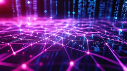 A vibrant digital network visualization with interconnected lines and binary code.