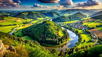 Poster - Serene river bend amidst lush green valley and rolling hills under a vibrant sky