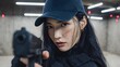 © goodskin - Confident woman in tactical gear aiming a firearm.