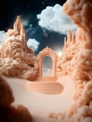 Wall Mural - Surreal dreamscape with a figure at a grand archway, nestled amidst cloud-like formations and celestial backdrop