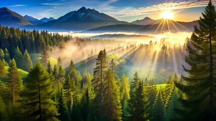 Poster - Majestic Sunrise Over a Serene Mountain Forest Valley with Crepuscular Rays