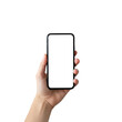 © Phaimanee - A hand holds a black smartphone with a blank white screen against a plain white background.