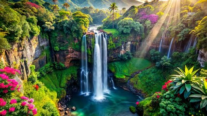 Poster - Tranquil Waterfall in a Lush Tropical Paradise with Cascading Water and Vibrant Greenery