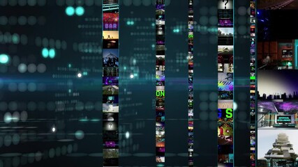 Wall Mural - vertical collages on flickering background. Animation for streaming or broadcasting technology theme. Digital banner