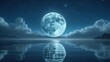 © yarku20 - Serene night scene with a large full moon reflecting on calm water. Starry sky and soft clouds create a magical atmosphere.