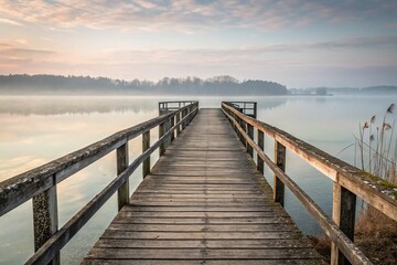  Serene Wooden Dock Extending into Misty Lake Landscape at Dawn