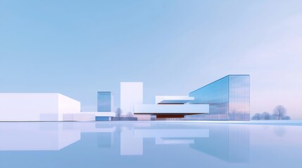 Aufkleber - 洗練された白い建築構造と穏やかな青空 水面反射のある現代的な風景