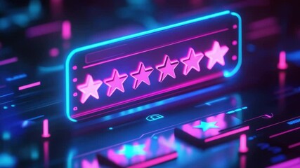 Wall Mural - colorful neon digital interface with five stars rating and user interaction icons for feedback and r