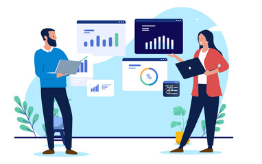 Leinwandbilder - Analytics work and data - Two people in business looking at charts, graphs and diagrams analysing data and gaining market insights. Flat design vector illustration on white background