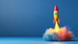 © ceng - Colorful toy rocket launching against a blue background, creating a vibrant smoke trail