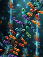 Fototapete - DNA Strand Intertwined With Vibrant Bacterial Colonies Showcasing the Effects of Mutation in a Microscopic Environment Generative AI