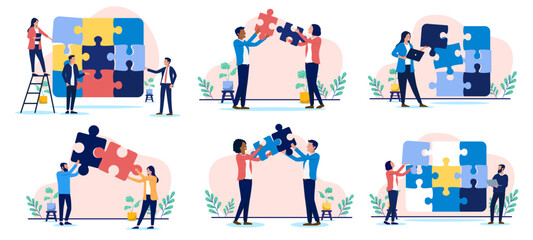Fototapete - Business puzzle vector collection - Set of problem solving illustrations with businesspeople and jigsaw puzzle pieces working on finalising, completing and finding solutions to problems