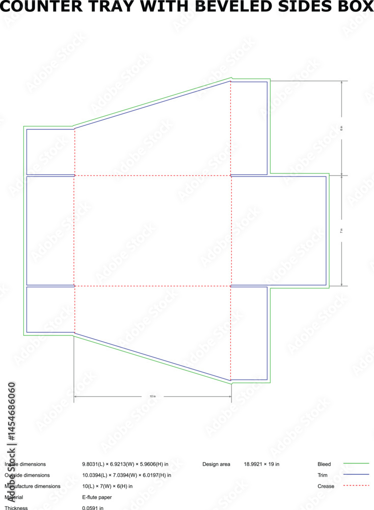Flat view blueprint design of a counter display tray box with beveled ...