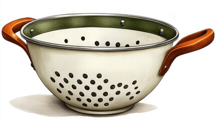 Detailed Illustration of Cream Colander with Green and Orange Accents