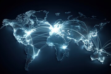 Poster - Digital World Map Showing Glowing Parcel Lines Connecting Continents and Illustrating Global Connectivity in Real Time Generative AI