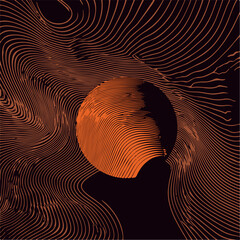 Aufkleber - Vector illustration shows flowing, curved orange lines on a black background. The bold, psychedelic style creates a sense of movement and energy, reflecting popular op art design trends.