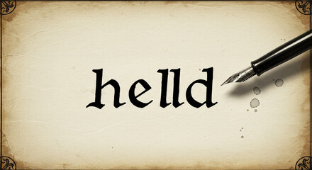 Hello in old english style font, parchment background, for stationery design
