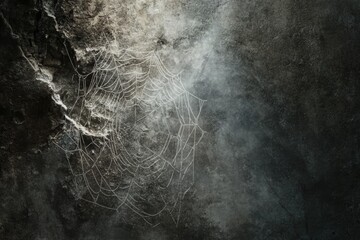 A delicate spiderweb stretches across a dark, textured stone surface, creating a captivating contrast.
