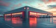 © ma - Trucks parked in front of a modern warehouse with red loading doors at sunset.