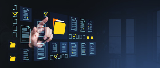 digital document management system interface with hand interacting on dark background.