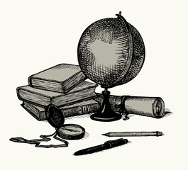 vector still life: a globe, books, map and compass
