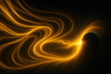 Wall Mural - Cosmic golden light swirls around dark planet creating dynamic background filled with glowing energy and flowing lines in space
