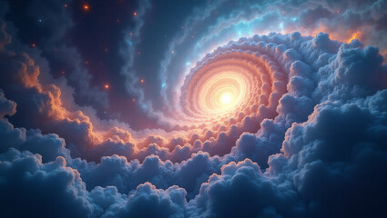 Wall Mural - Cosmic spiral of glowing light emerges from swirling background of clouds creating mesmerizing and ethereal cosmic background scene