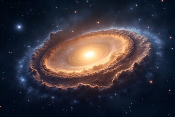 Wall Mural - Glowing cosmic disk surrounded by swirling dust and gas forms bright background in deep space with stars scattered around scene