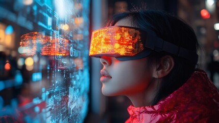 Asian woman wearing VR headset, viewing glowing futuristic interface with intricate circuit patterns and neon lights, immersive technology on a transparent background, PNG image, PNG file.