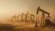 © Pannin - Multiple pump jacks aligned in a flat desert, all nodding in synchronized motion with heat haze rising.