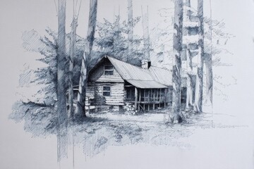 Leinwandbilder - Rustic Cabin Nestled in Tranquil Woods Showcasing Traditional Cross-Hatching Drawing Style Generative AI