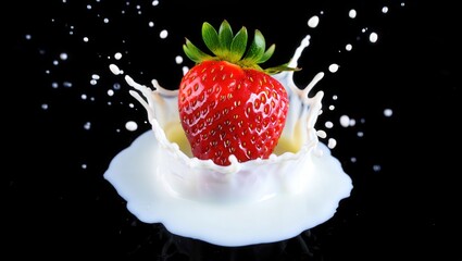 Fototapete - A strawberry is being squirted with milk, creating a splash effect around it.