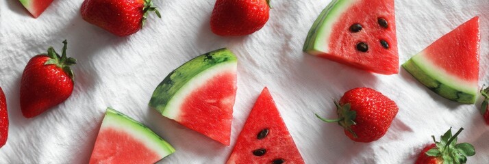 Aufkleber - Bright Strawberries and Watermelon Slices Arranged on White Picnic Cloth for a Summer Gathering Outdoors With Friends Generative AI