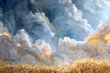 dramatic sky view with layered cloud formations above a field. the clouds are illuminated by sunligh