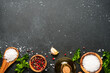 © nadianb - Food background with fresh vegetables, herbs and spices on black.
