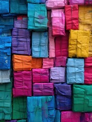 Poster - Colorful Abstract Art Created From Flattened Delivery Boxes Showcasing a Vibrant Blend of Hues and Textures in an Urban Environment Generative AI
