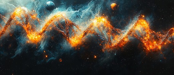 Wall Mural - Surreal visualization of DNA strands merging into a galaxy with glowing genetic helixes spiraling and forming stars planets and nebulae The image blends the microscopic world with cosmic elements