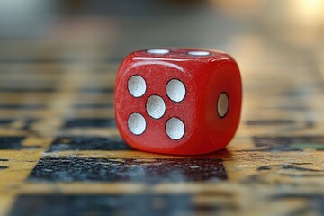 Poster - A single red die resting on a weathered wooden game surface