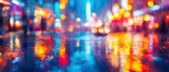 Abstract cityscape reflects vibrant lights in wet pavement during rainy night creating dreamy, blurred effect.