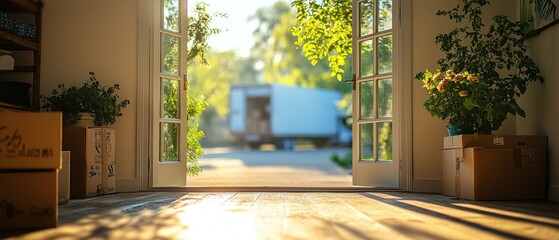 open doorway reveals moving truck and cardboard boxes, creating atmosphere of new beginnings and dom