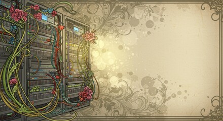 Colorful floral elements intertwine with a complex array of technological devices, creating a juxtaposition of nature and technology in a stylish background