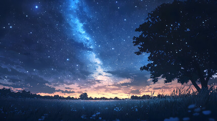 Wall Mural - starry night sky: a breathtaking panorama of a star-filled night sky over a tranquil meadow, creatin