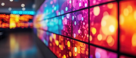 Video wall displays an abstract pattern using vivid colors, creating digital light effect.