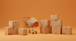 © NN AI - Multiple cardboard boxes and shopping cart with house model against orange background. E-commerce, online shopping, delivery service concept. Retail logistics, moving home, package shipping.
