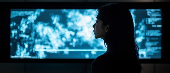 Asian software developer analyzes code on monitor, showcasing cybersecurity and innovative technology.